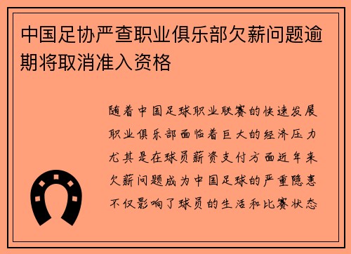 中国足协严查职业俱乐部欠薪问题逾期将取消准入资格 中国足协严查职业俱乐部欠薪问题逾期将取消准入资格